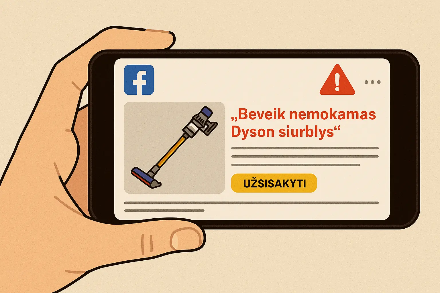 „Tik 9,99 € už Dyson dulkių siurblį“ – kaip surežisuotas Facebook apgavystės scenarijus vilioja kortelių duomenis