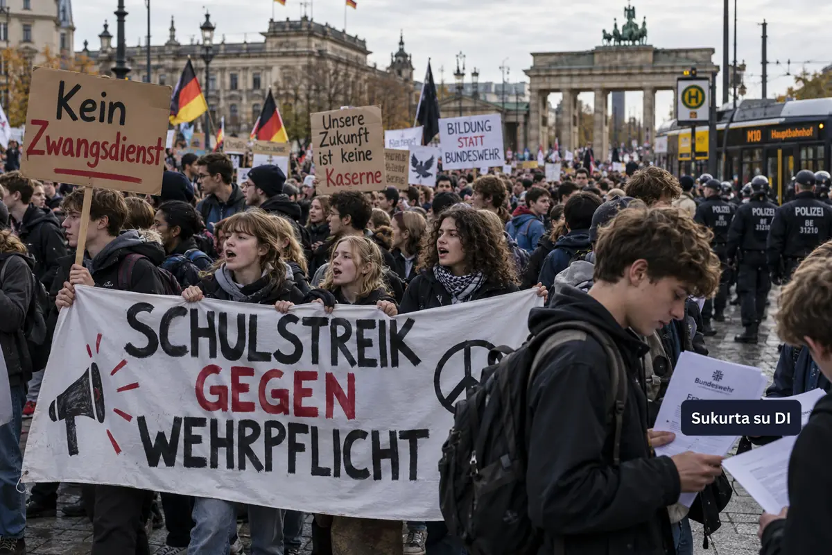 Vokietijos moksleiviai protestuoja prieš galimą šaukimą: 45 tūkst. jaunuolių išėjo į gatves 100 miestų
