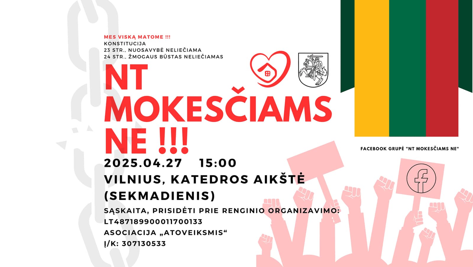Sekmadienį tautiečiai kviečiami kilti nuo sofų į mitingą prieš visuotinį NT mokestį