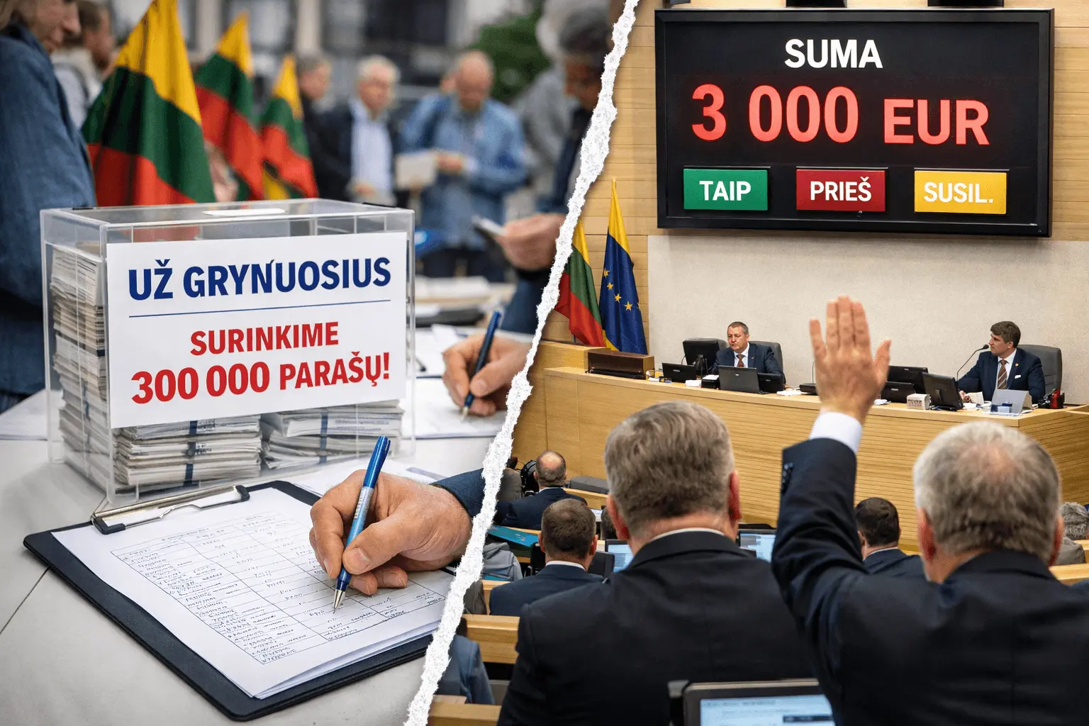 Renkami parašai dėl grynųjų įtvirtinimo Konstitucijoje: tuo tarpu Seime siūlymas mažinti ribą