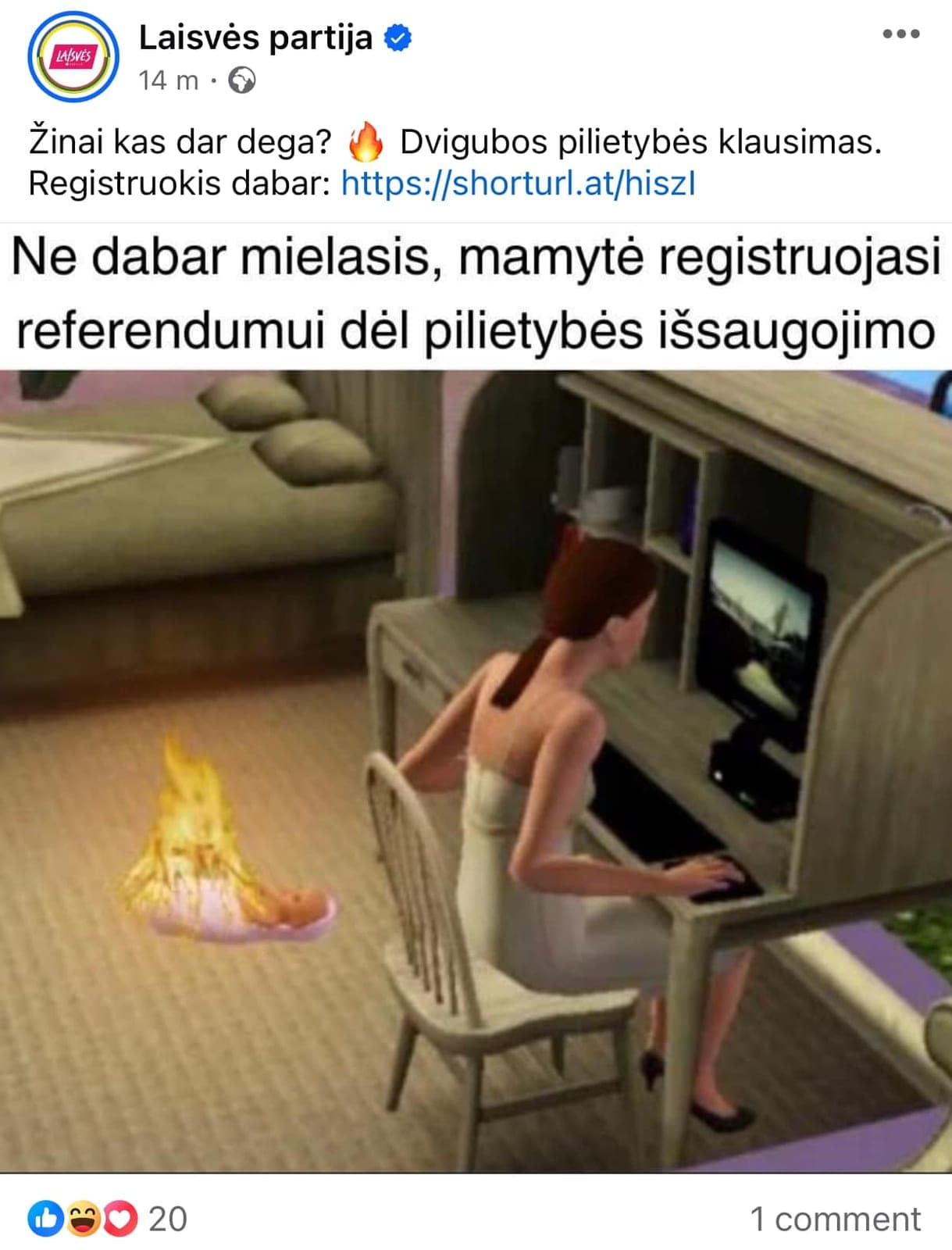 „Laisvės partijos“ reklama: degantis kūdikis palauks kol mama užsiregistruos referendumui