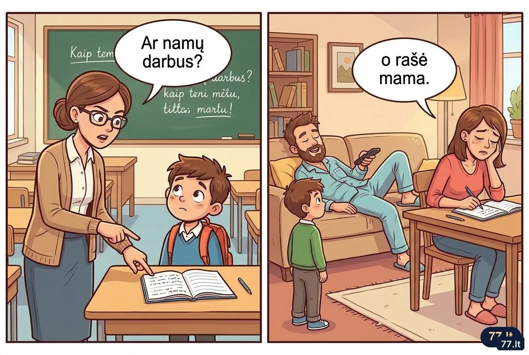 – Vova, ar namų darbus tau darė tėtis?
– Ne, mokytoja.
– Tikrai?
– Tikrai. Jis tik diktavo, o rašė mama.