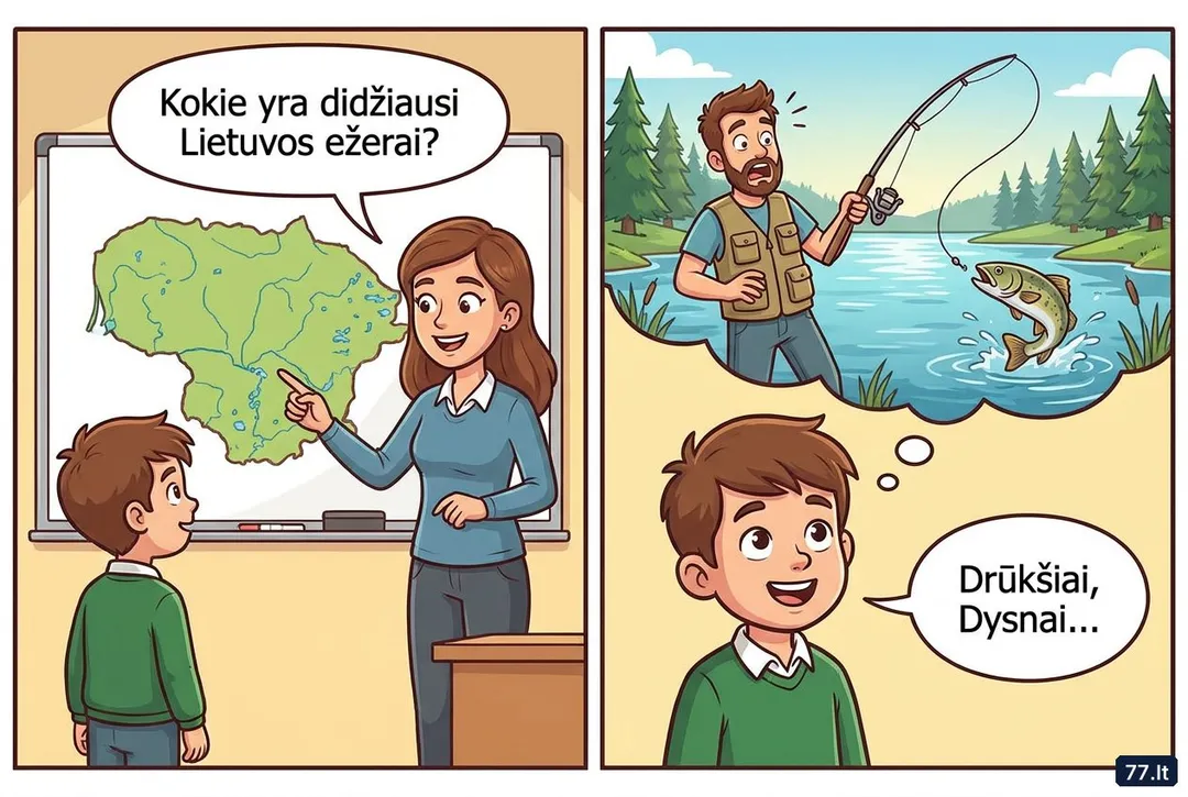 – Vova, įvardink tris didžiausius Lietuvos ežerus.
– Drūkšiai, Dysnai ir tas, kuriame tėtis vasarą paskandino meškerę.