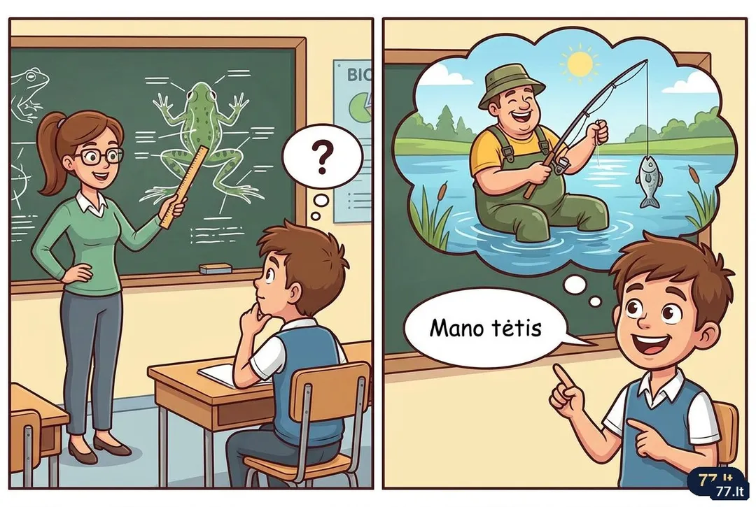 Biologijos pamoka:
– Vova, koks gyvūnas gyvena ir vandenyje, ir sausumoje?
– Mano tėtis, kai važiuoja žvejoti.