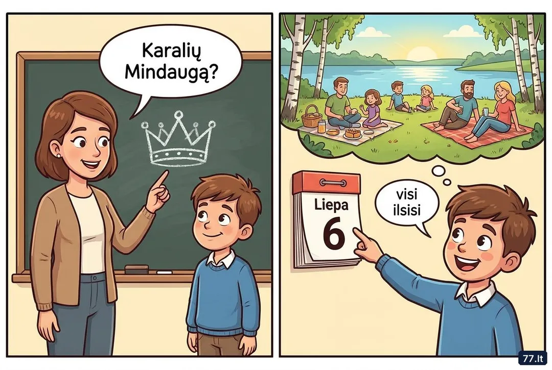 – Vova, ką žinai apie karalių Mindaugą?
– Kad jį karūnavo liepos šeštąją, todėl tą dieną visi ilsisi.