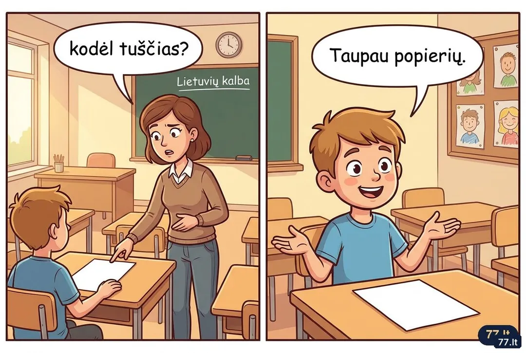 – Vova, kodėl tavo kontrolinis tuščias?
– Taupau popierių. Jūs pati sakėte, kad reikia saugoti miškus.