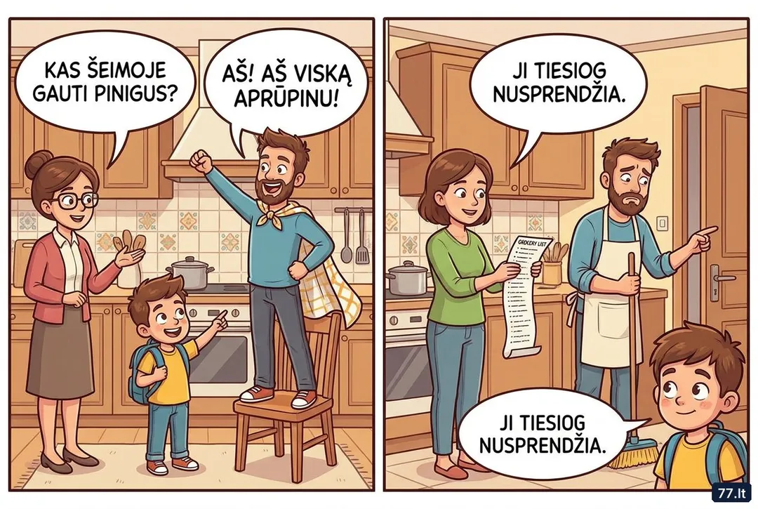 – Vova, kas jūsų šeimoje svarbiausias?
– Tėtis sako, kad jis.
– O mama?
– Mama nieko nesako. Ji tiesiog nusprendžia.