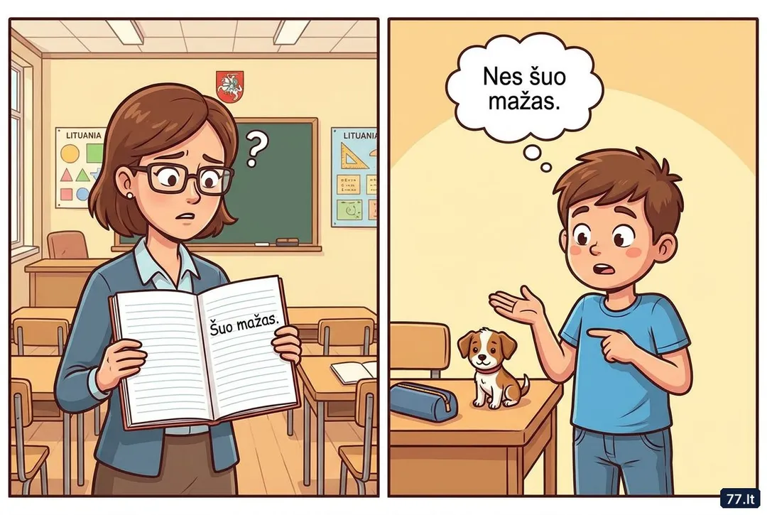 – Vova, kodėl rašinyje „Mano šuo“ tik vienas sakinys?
– Nes šuo mažas.