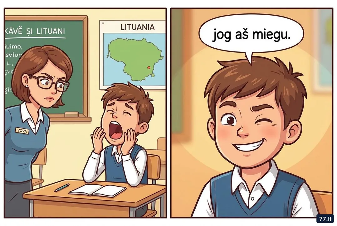 – Vova, kodėl tu taip garsiai žiovauji per pamoką?
– Kad jūs nepagalvotumėte, jog aš miegu.