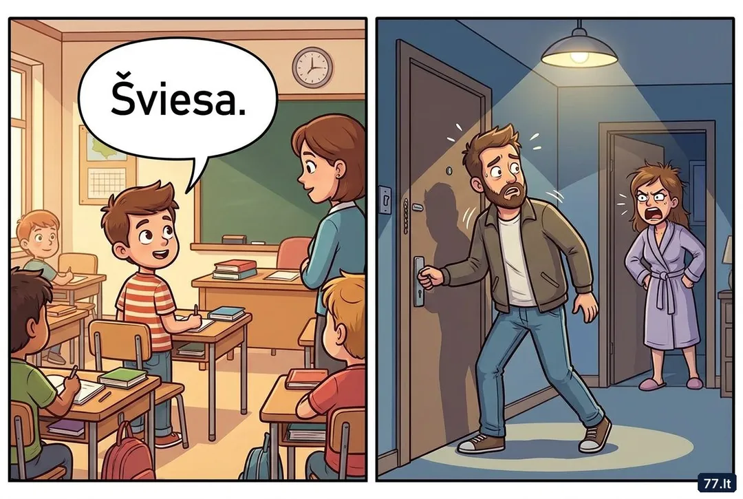 – Vova, kas greitesnis: šviesa ar garsas?
– Šviesa.
– Kodėl taip manai?
– Nes kai tėtis vėlai grįžta, pirmiausia užsidega šviesa koridoriuje, o tik paskui mama pradeda kalbėti.