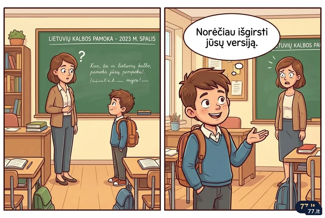 Mokytoja:
– Vova, ar žinai, kodėl tu čia stovi prie lentos?
– Žinau. Bet vis tiek norėčiau išgirsti jūsų versiją.
