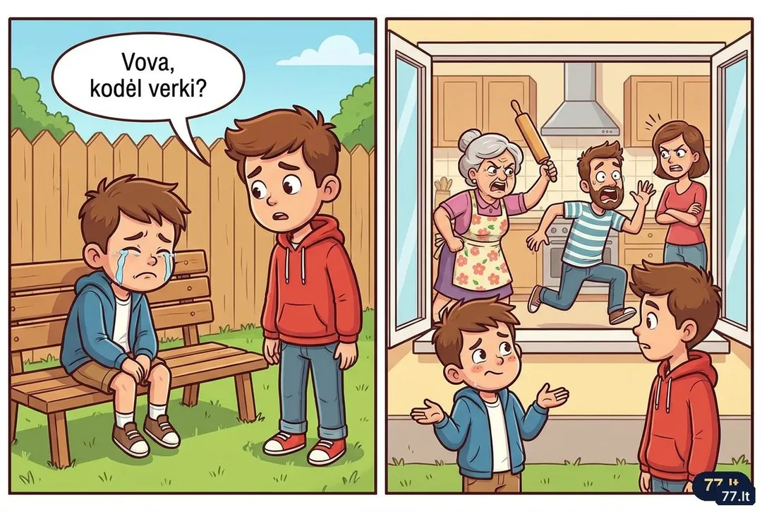 – Vova, kodėl verki?
– Mama nubaudė.
– Už ką?
– Pasakiau močiutei tai, ką tėtis apie ją sako, kai jos nėra.