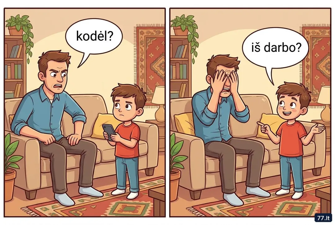 Tėtis:
– Vova, kodėl prie telefono pasakei, kad manęs nėra?
– Tu pats sakei: jei skambins iš darbo, tavęs nėra.
– Bet skambino močiutė!
– Ji paklausė, ar tu dirbi. Tai aš ir pagalvojau, kad iš darbo.
