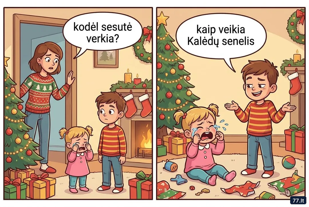 – Vova, kodėl sesutė verkia?
– Nes aš jai paaiškinau, kaip veikia Kalėdų senelis.
