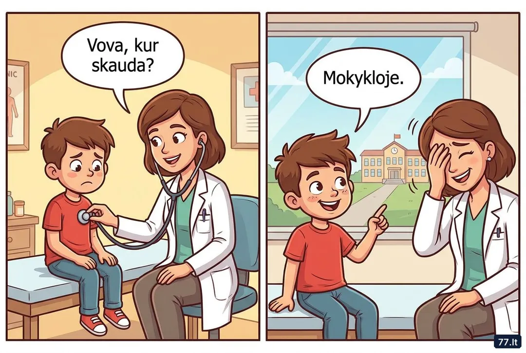 Pas gydytoją:
– Vova, kur skauda?
– Mokykloje.