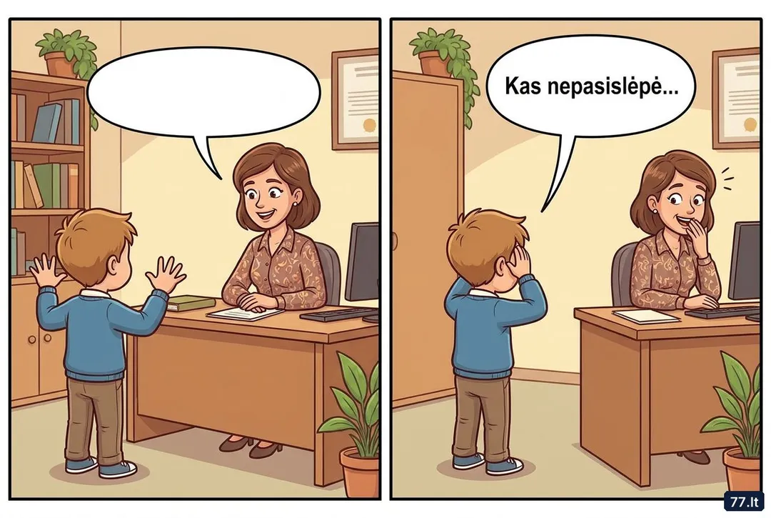Vova stoja į mokyklą. Direktorė klausia:
– Ką moki?
– Skaičiuoti iki dešimties.
– Puiku! O toliau?
– Toliau – „kas nepasislėpė, aš nekaltas!“