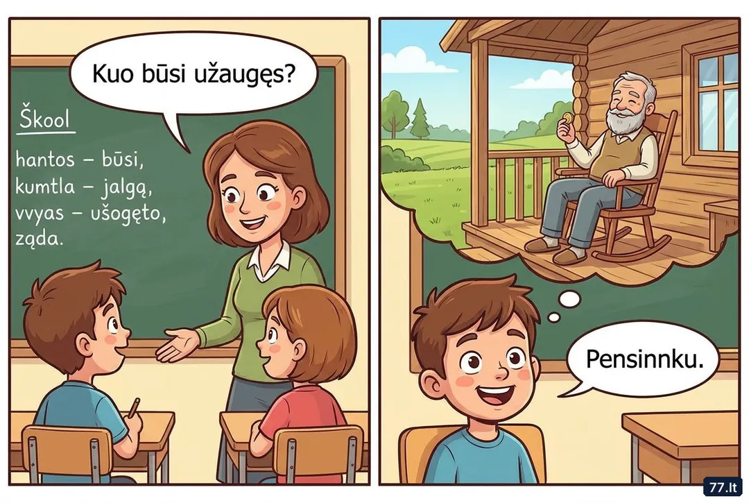 – Vova, kuo būsi užaugęs?
– Pensininku.
– Kodėl?
– Senelis sako, kad tai vienintelis darbas, už kurį moka, o eiti niekur nereikia.