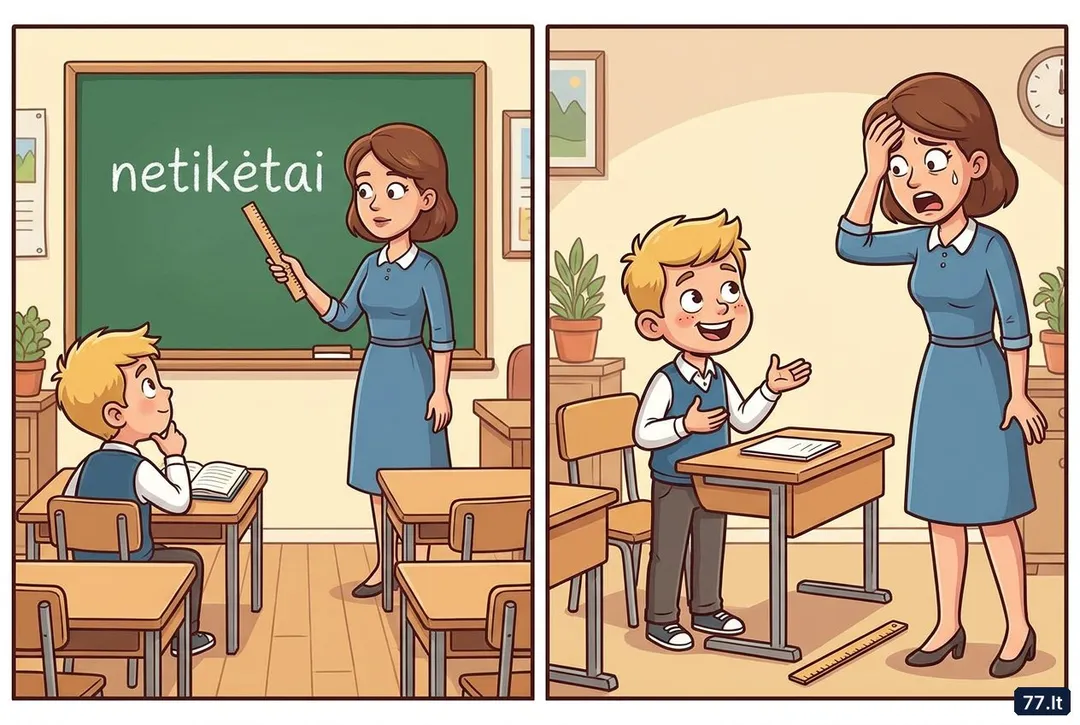 – Vova, sugalvok sakinį su žodžiu „netikėtai“.
– Vakar tėtis grįžo namo blaivus.
– O kur čia „netikėtai“?
– Mama irgi to paklausė.