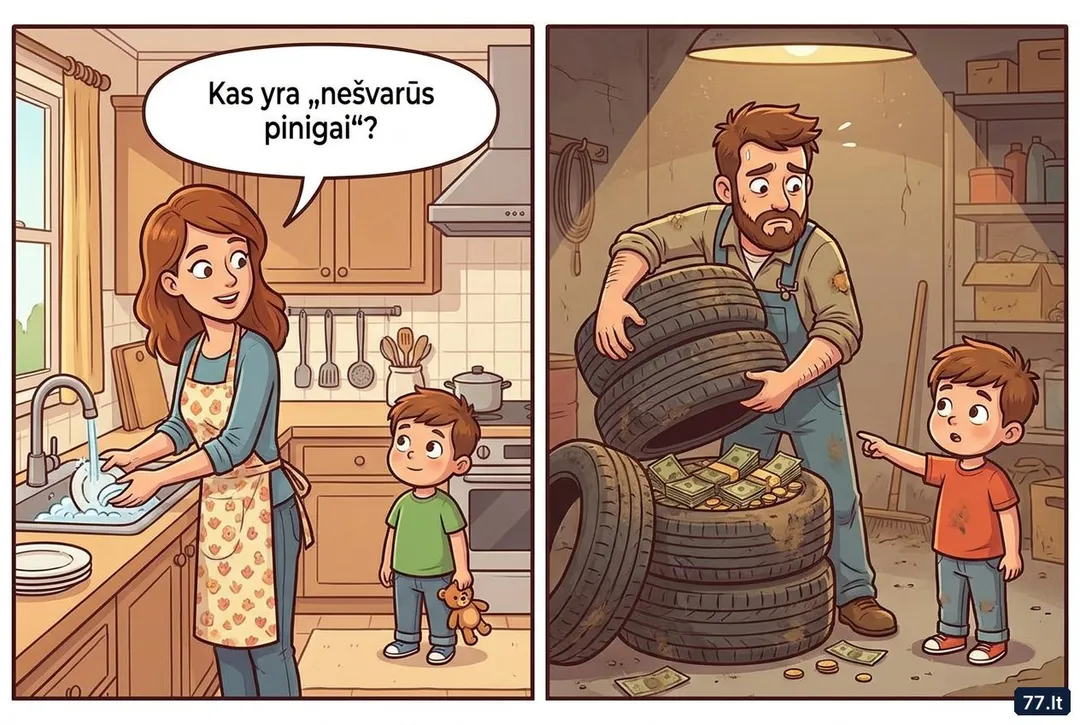 – Vova, kas yra „nešvarūs pinigai“?
– Tie, kuriuos tėtis laiko garaže po padangomis, kad mama nerastų. Jie tikrai labai dulkėti.