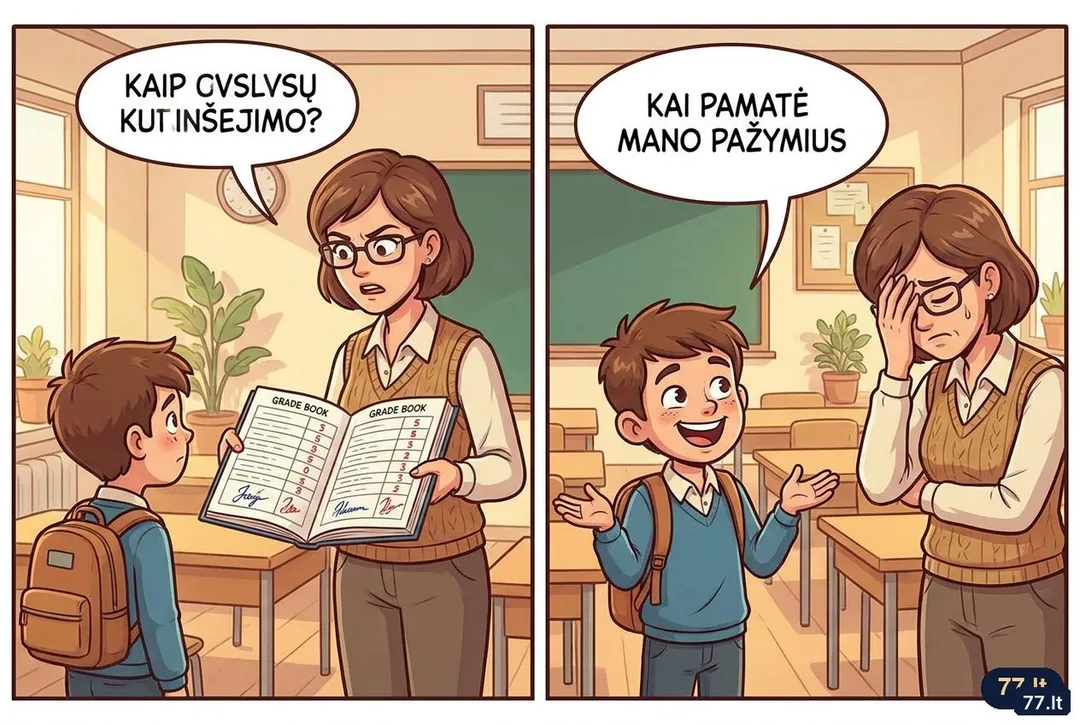 Mokytoja:
– Vova, kodėl tavo tėtis pasirašė pažymių knygelėje dviem skirtingais parašais?
– Vienas – kai buvo blaivus, kitas – kai pamatė mano pažymius.