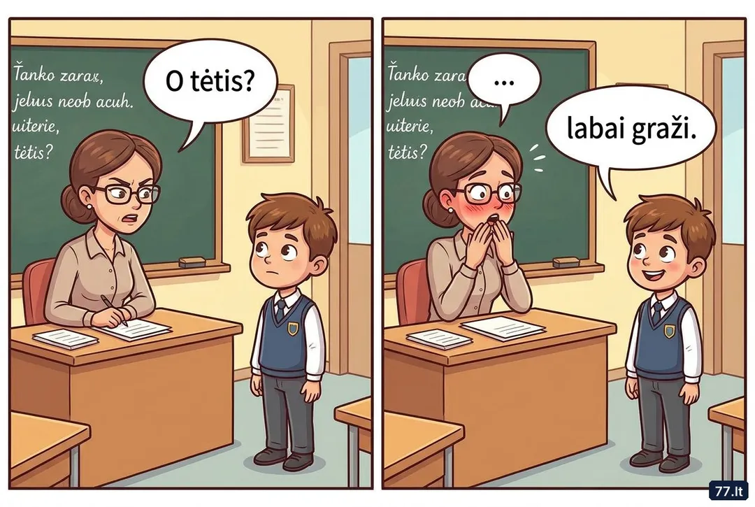 – Vova, ką tavo mama sako apie mano pamokas?
– Kad jūs labai griežta.
– O tėtis?
– Tėtis sako, kad jūs labai graži. Paskui jie abu ilgai tyli.
