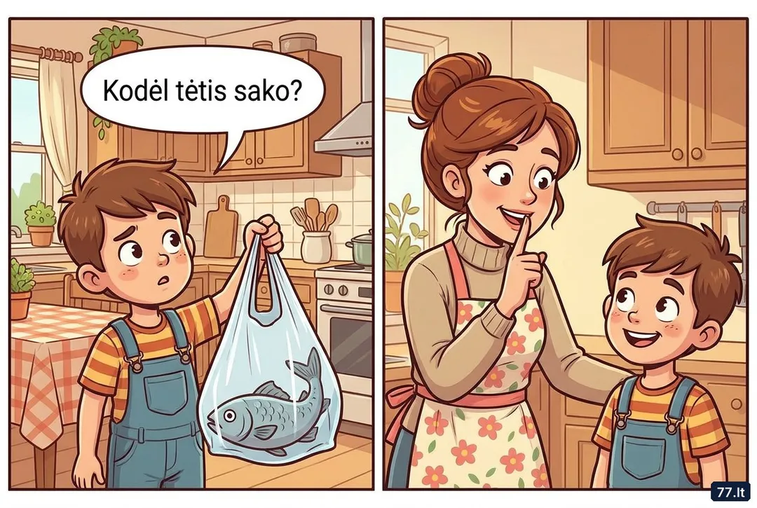 – Mama, kodėl tėtis sako, kad buvo žvejoti, o žuvį parneša parduotuvės maišelyje?
– Vova, kai kurias paslaptis suaugusieji saugo vieni nuo kitų.
– Tai tu irgi žinai?