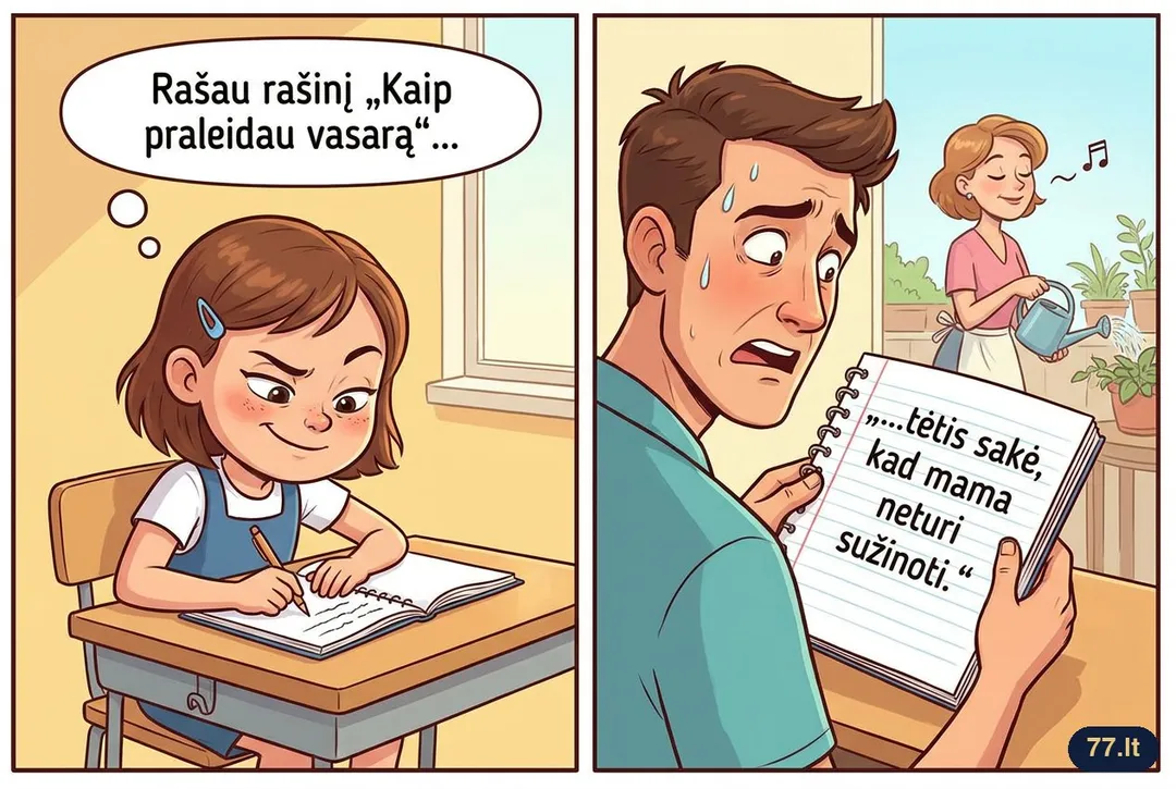 Vovytė rašo rašinį „Kaip praleidau vasarą“: „Vasarą praleidau puikiai. Daugiau papasakoti negaliu, nes tėtis sakė, kad mama neturi sužinoti.“