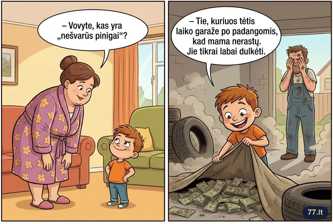– Vovyte, kas yra „nešvarūs pinigai“?
– Tie, kuriuos tėtis laiko garaže po padangomis, kad mama nerastų. Jie tikrai labai dulkėti.