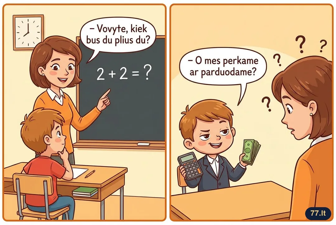 – Vovyte, kiek bus du plius du?
– O mes perkame ar parduodame?