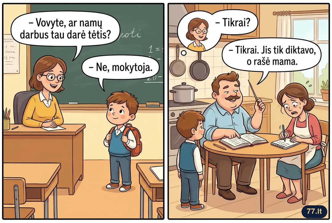 – Vovyte, ar namų darbus tau darė tėtis?
– Ne, mokytoja.
– Tikrai?
– Tikrai. Jis tik diktavo, o rašė mama.