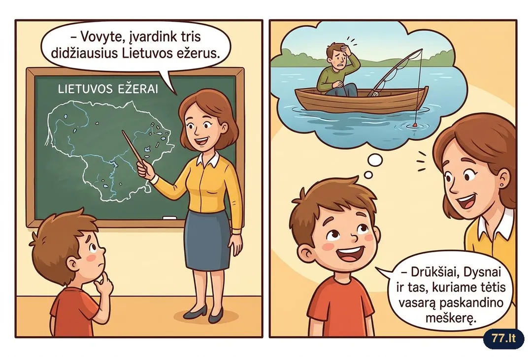 – Vovyte, įvardink tris didžiausius Lietuvos ežerus.
– Drūkšiai, Dysnai ir tas, kuriame tėtis vasarą paskandino meškerę.