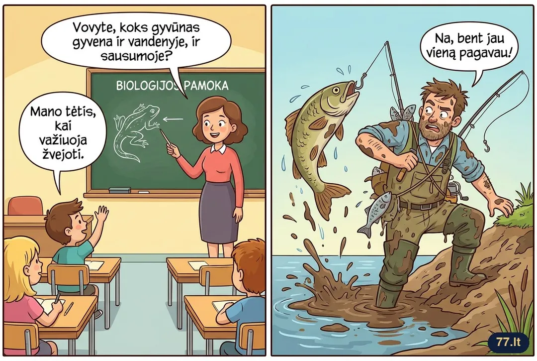 Biologijos pamoka:
– Vovyte, koks gyvūnas gyvena ir vandenyje, ir sausumoje?
– Mano tėtis, kai važiuoja žvejoti.