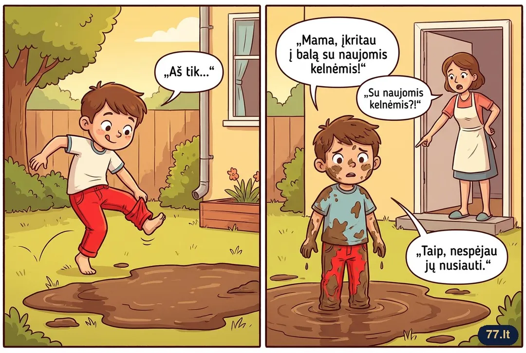 Vovytė grįžta iš kiemo:
– Mama, įkritau į balą su naujomis kelnėmis!
– Su naujomis kelnėmis?!
– Taip, nespėjau jų nusiauti.