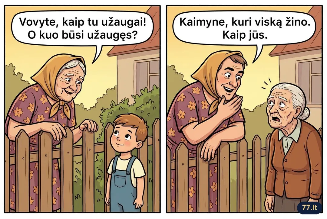 Kaimynė:
– Vovyte, kaip tu užaugai! O kuo būsi užaugęs?
– Kaimyne, kuri viską žino. Kaip jūs.