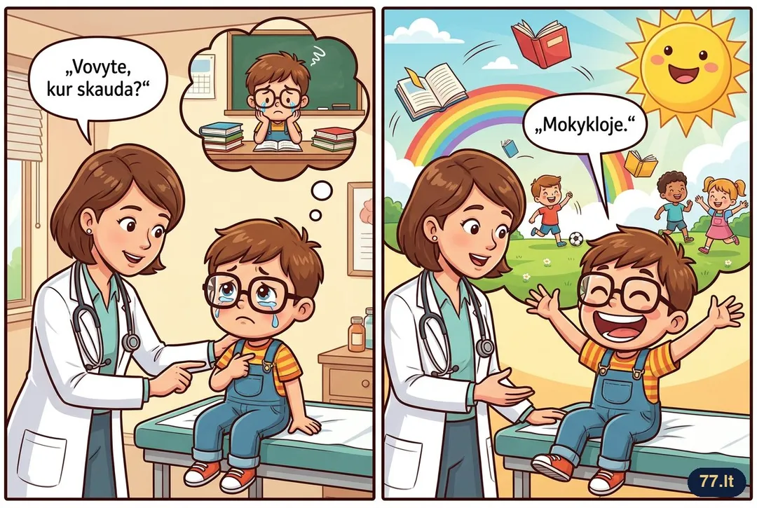 Pas gydytoją:
– Vovyte, kur skauda?
– Mokykloje.