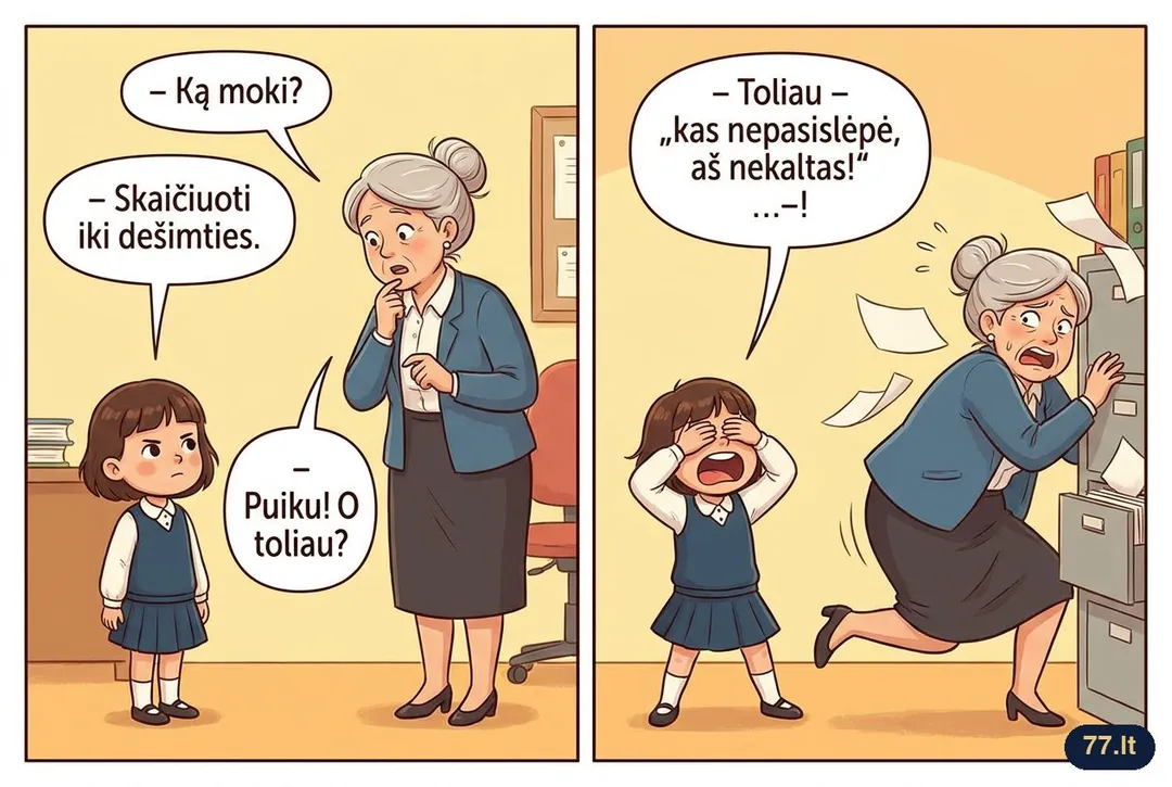 Vovytė stoja į mokyklą. Direktorė klausia:
– Ką moki?
– Skaičiuoti iki dešimties.
– Puiku! O toliau?
– Toliau – „kas nepasislėpė, aš nekaltas!“