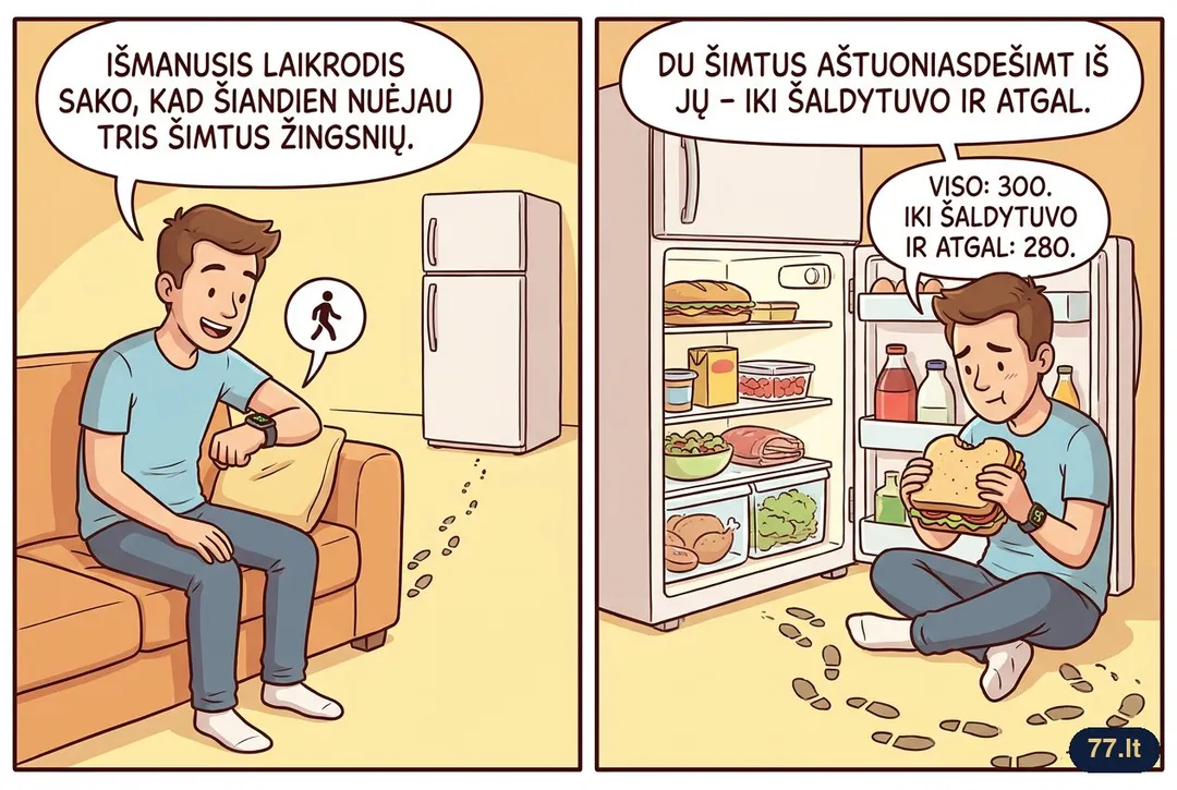 Išmanusis laikrodis sako, kad šiandien nuėjau tris šimtus žingsnių. Du šimtus aštuoniasdešimt iš jų – iki šaldytuvo ir atgal.