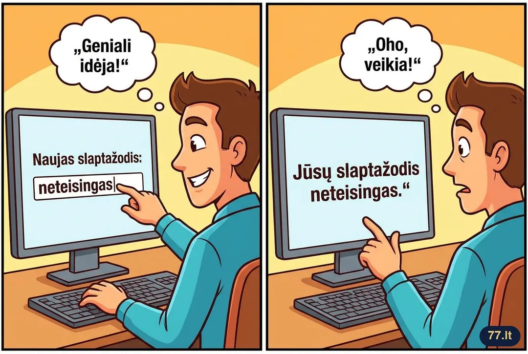 Slaptažodį pasikeičiau į „neteisingas“. Dabar, kai pamirštu, kompiuteris pats pasufleruoja: „Jūsų slaptažodis neteisingas.“
