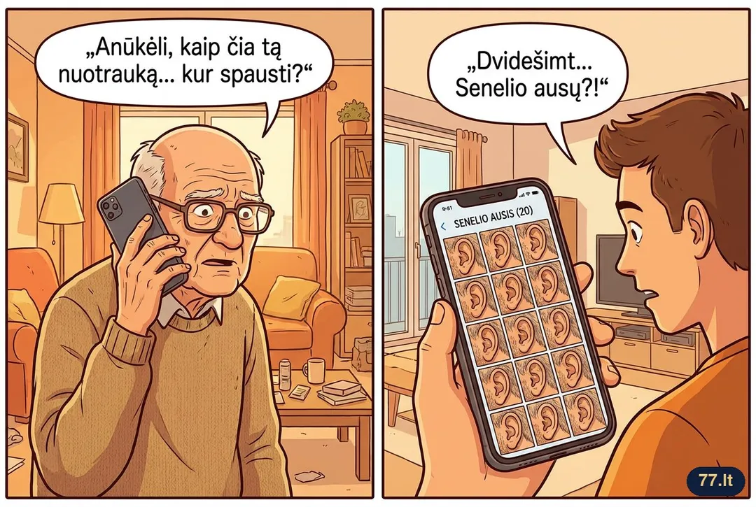 Senelis paskambino anūkui paklausti, kaip nusiųsti nuotrauką. Po pokalbio anūkas gavo dvidešimt nuotraukų senelio ausies.