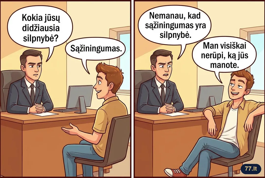 Pokalbis dėl darbo:
– Kokia jūsų didžiausia silpnybė?
– Sąžiningumas.
– Nemanau, kad sąžiningumas yra silpnybė.
– Man visiškai nerūpi, ką jūs manote.