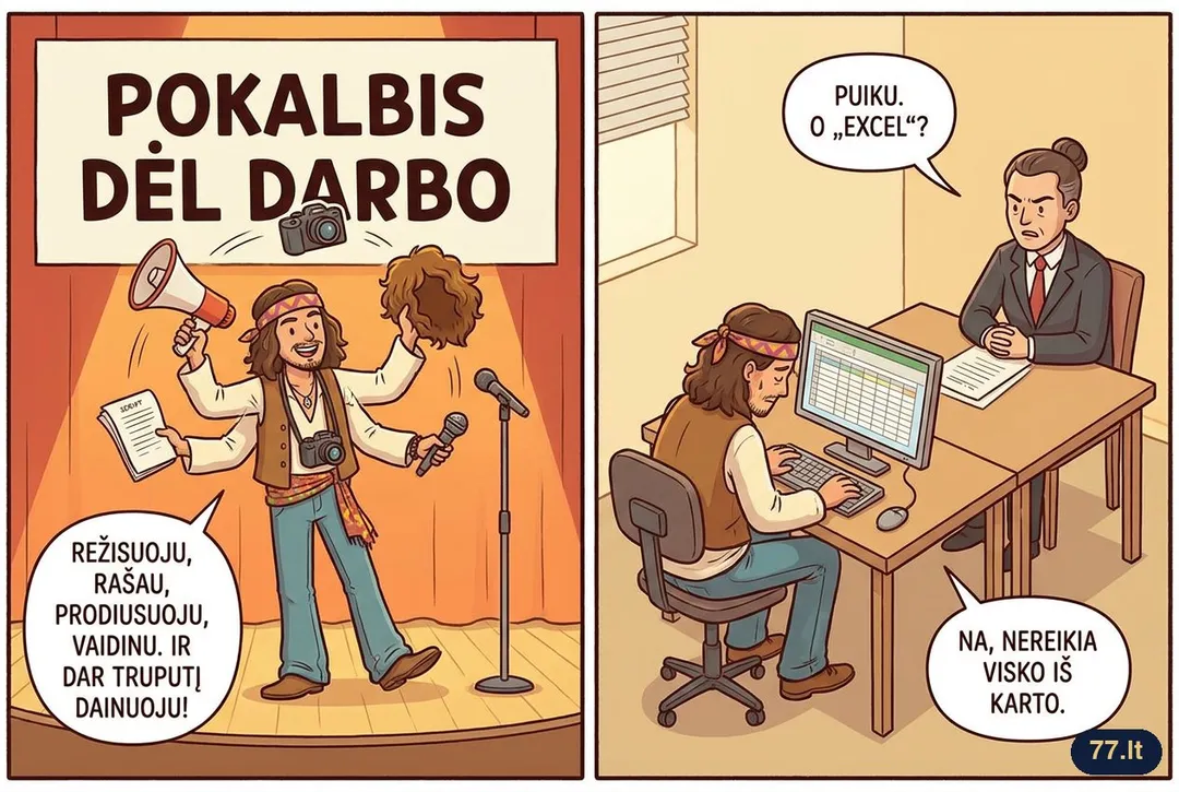 Pokalbis dėl darbo:
– Ką mokate?
– Režisuoju, rašau, prodiusuoju, vaidinu. Ir dar truputį dainuoju.
– Puiku. O „Excel“?
– Na, nereikia visko iš karto.
