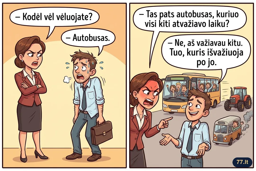 – Kodėl vėl vėluojate?
– Autobusas.
– Tas pats autobusas, kuriuo visi kiti atvažiavo laiku?
– Ne, aš važiavau kitu. Tuo, kuris išvažiuoja po jo.