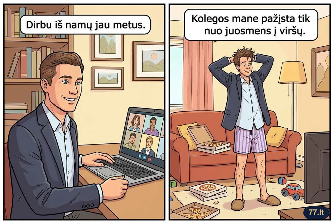 Dirbu iš namų jau metus. Kolegos mane pažįsta tik nuo juosmens į viršų.