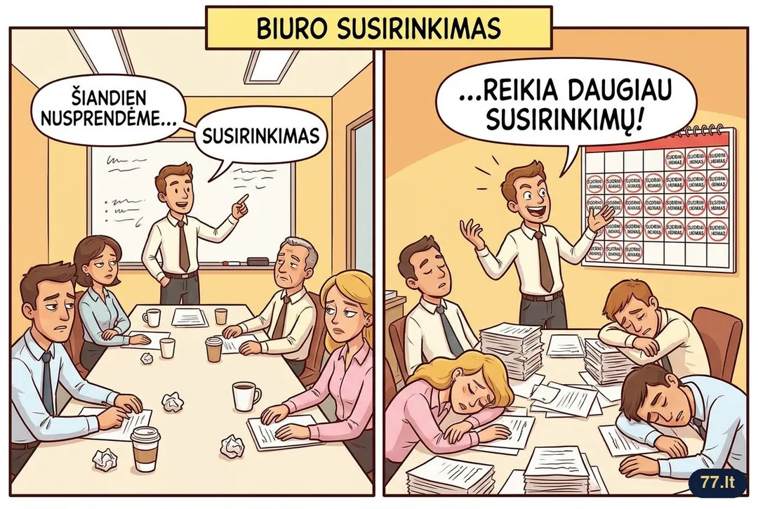 Šiandien vėl turėjome susirinkimą, kuriame nusprendėme, kad reikia daugiau susirinkimų.