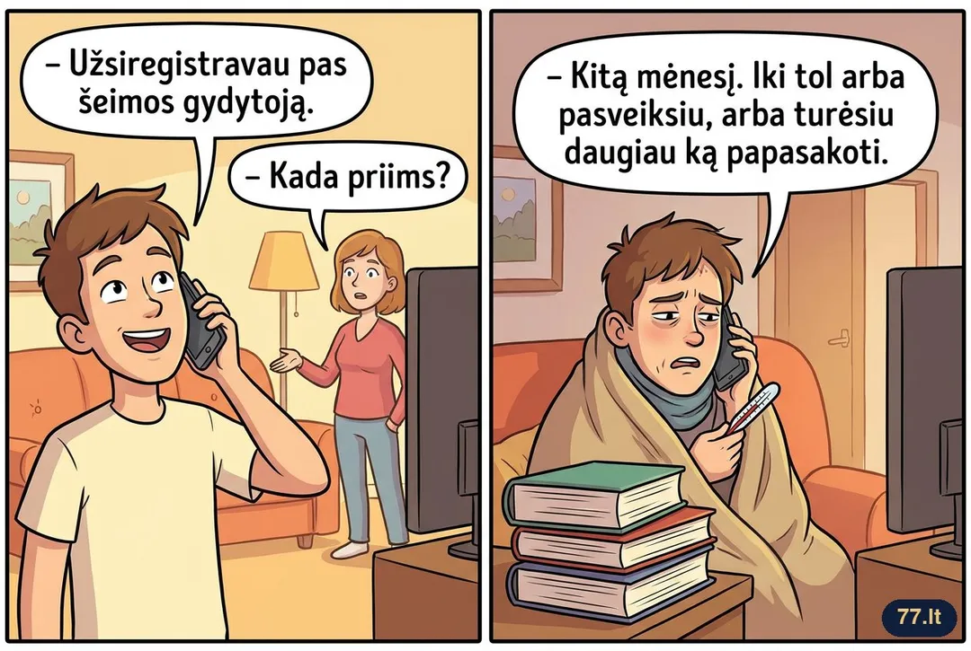 – Užsiregistravau pas šeimos gydytoją.
– Kada priims?
– Kitą mėnesį. Iki tol arba pasveiksiu, arba turėsiu daugiau ką papasakoti.