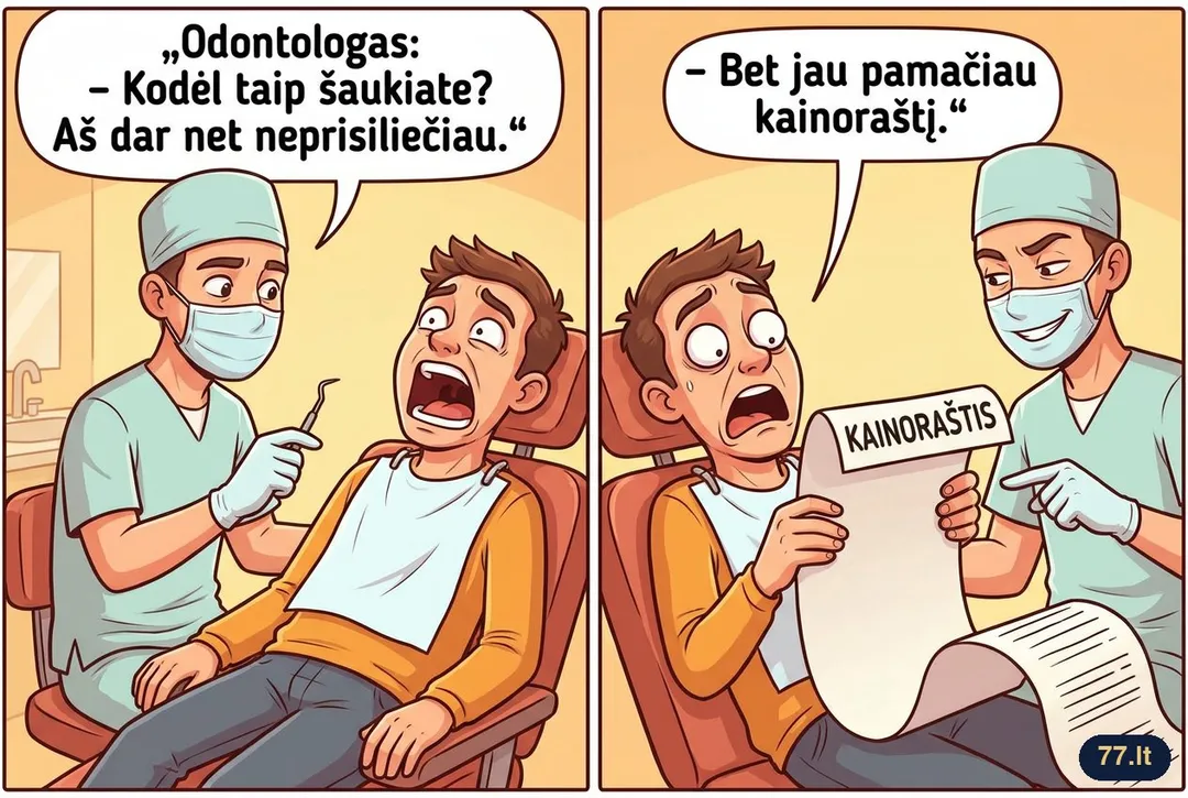 Odontologas:
– Kodėl taip šaukiate? Aš dar net neprisiliečiau.
– Bet jau pamačiau kainoraštį.