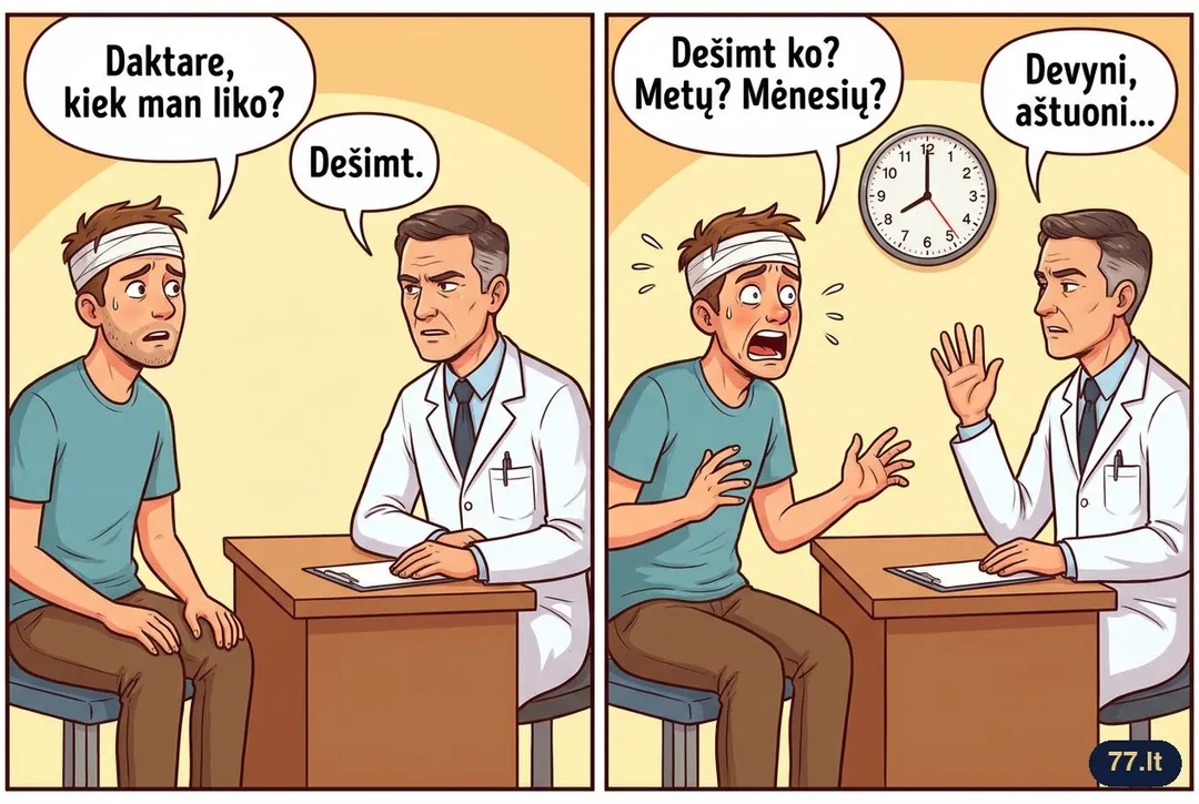 – Daktare, kiek man liko?
– Dešimt.
– Dešimt ko? Metų? Mėnesių?
– Devyni, aštuoni...