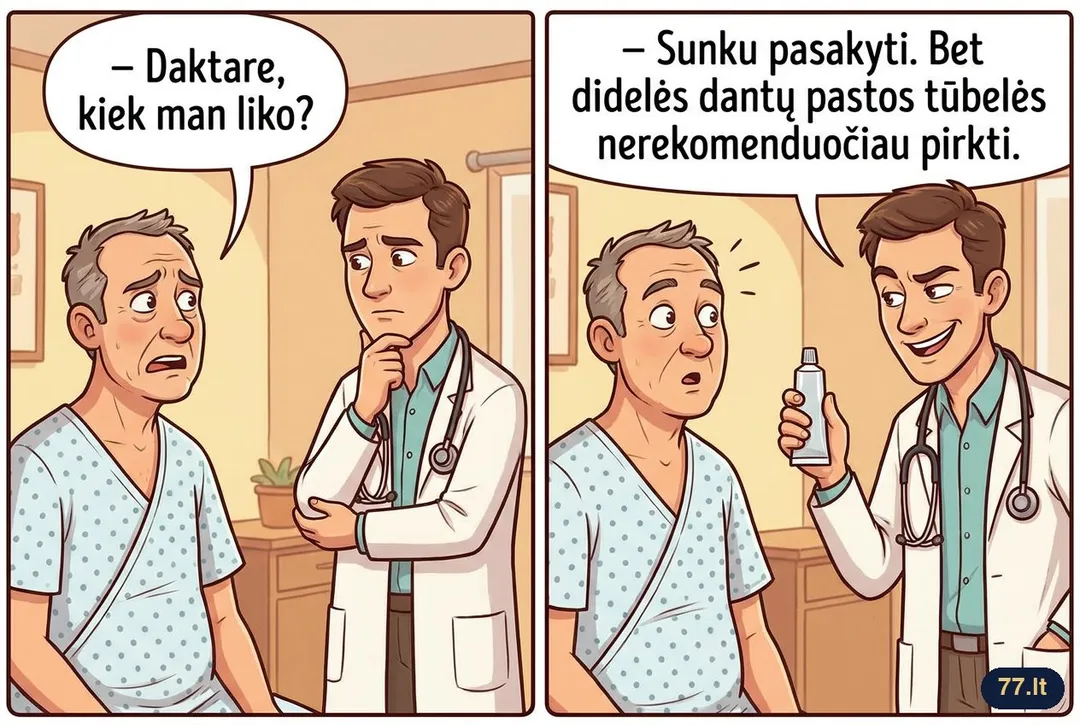 – Daktare, kiek man liko?
– Sunku pasakyti. Bet didelės dantų pastos tūbelės nerekomenduočiau pirkti.