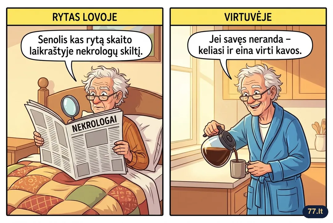 Senolis kas rytą skaito laikraštyje nekrologų skiltį. Jei savęs neranda – keliasi ir eina virti kavos.