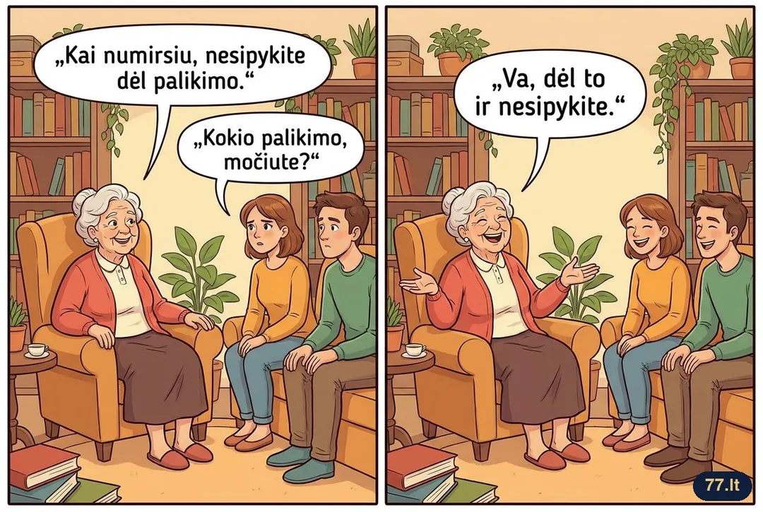 Senelė anūkams:
– Kai numirsiu, nesipykite dėl palikimo.
– Kokio palikimo, močiute?
– Va, dėl to ir nesipykite.